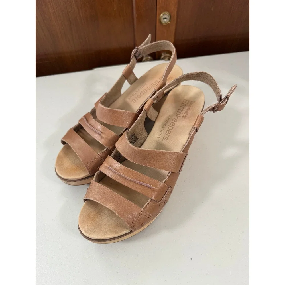 Timberland Earthkeepers Brown Leather Wood Wedge Sandals Womens 8 Boho Retro